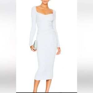 LPA Revolve Rhody knit midi tie dress pale blue ribbed sheath bodycon Sz M flaw